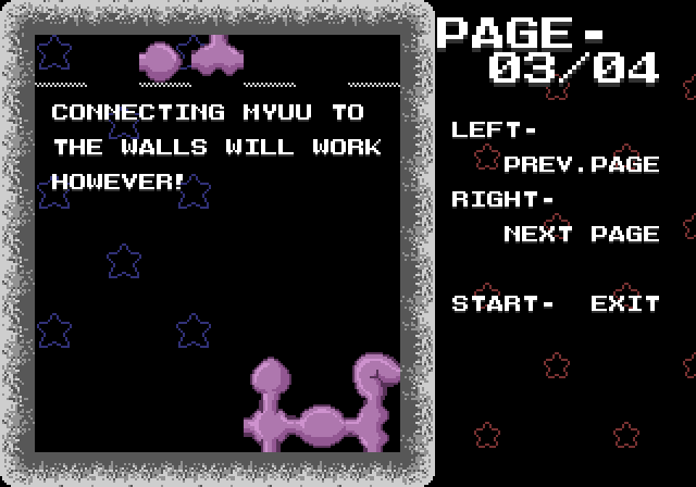 Screenshot of the Virtual Lab tutorial. "Connecting myuu to the walls will work however!". Page 03/04. Left- previous page. Right- next page. Start- exit.