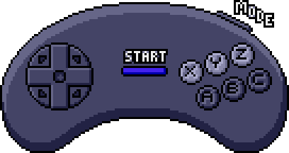 Under the left thumb sits the D-pad. Under the right thumb sit the letter buttons in a 3 by 2 arrangement. From left to right: A, B, C (bottom row), X, Y, Z (top row). The C button is the most accessible. The Start button is in the middle of the controller. On the top right of the controller (on the border) is the Mode button.