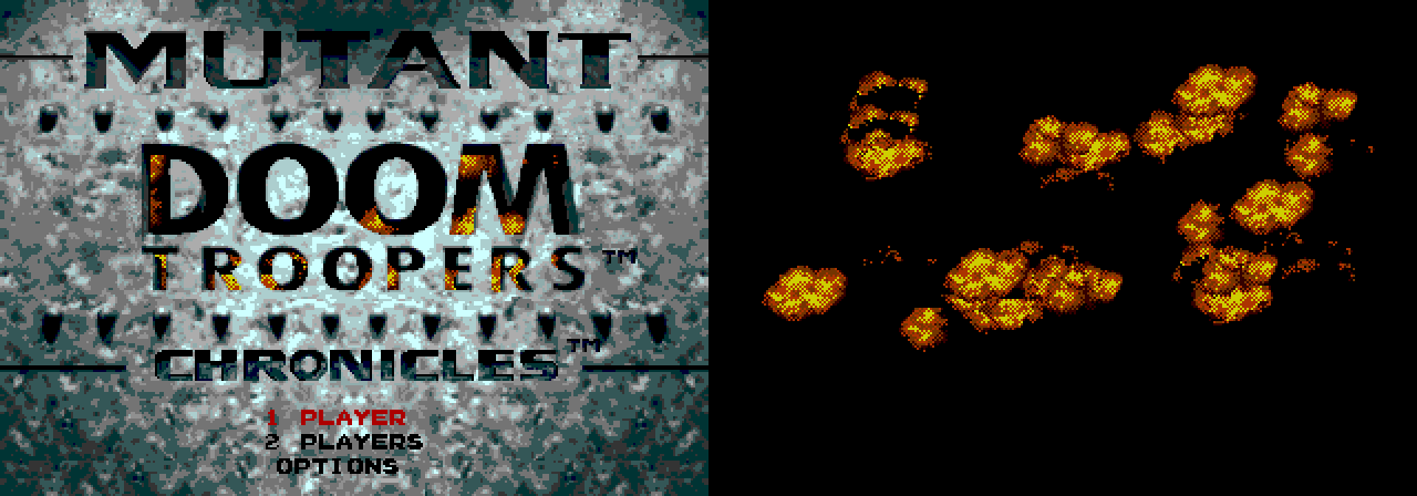 Two screenshots of the Doom Troopers title screen. The first screenshots is how the title screen normally looks like, with the title text looking like gaps through which fire can be seen. The second screenshot removes plane A (everything but the fire), revealing that the fire is actually explosion sprites.