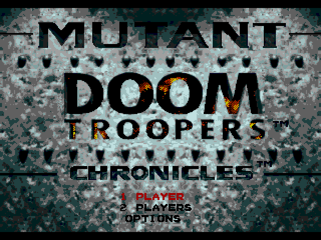 Animated GIF of the Doom Troopers title screen. It shows the game's title and the menu written on top of a metallic surface. The letters making up the "Doom Troopers" text are actually gaps that let fire show through from behind.