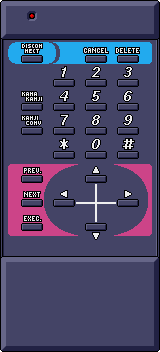 The keypad is split into three sections vertically. The top row, with a light blue background, has the keys Disconnect, Cancel and Delete. The middle block has the numbers, * and # to the right (in the same arrangement as a phone), while the left column has the Kanji Conversion and Kana/Kanji keys. In the bottom block, to the right are the four arrows, while the column at the left (with a purple background) has the Previous Page, Next Page and Execute keys. There's a small red light located at the top of the keypad, right above the Disconnect key.