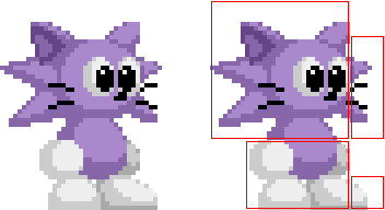 Some cat-like character. To the left, the graphic as it would be seen on screen, zoomed in. To the right, the same graphic, with red boxes showing the boundaries of the individual sprites making it up.