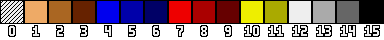 Color 0 is transparent, colors 1 to 3 are skin shades, colors 4 to 6 are blue shades, colors 7 to 9 are red shades, colors 10 and 11 are yellow shades, color 12 is white, colors 13 and 14 are gray shades, color 15 is black.