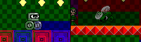 Two enemies from the Bright Darkness stage in Project MD. They're drawn using shadow and highlight as colors in order to look like they're translucent against the background. It also shows the effects of a darkened room.