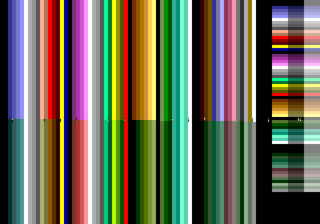 Screenshot showing all the palettes used across the screen. We can see all palettes changing at the point where the water is visible. We can also see a few garbage dots in that place, we'll get on that in the following paragraph.