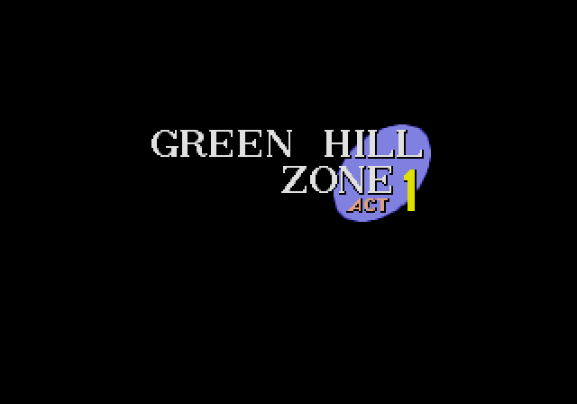 The same title card animated in slow down. We can see that Sonic as well as the yellow and white text in the HUD pop in immediately, while everything else fades in smoothly.